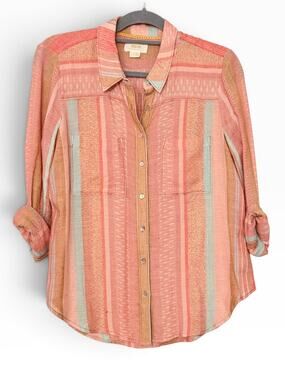 Maeve Anthropologie Calipatria Oversized Shirt Coral Stripe Button Blouse 4
